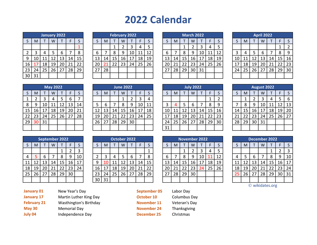 Pdf Calendar 2022 With Federal Holidays | Wikidates