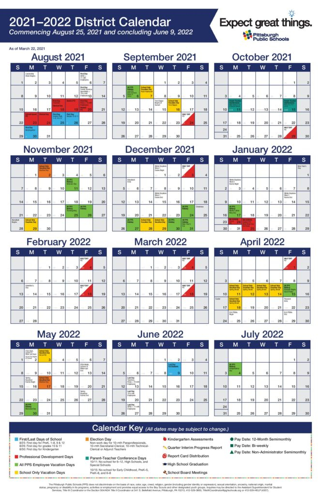 Pittsburgh Public Schools Calendar 2021-2022 In Pdf