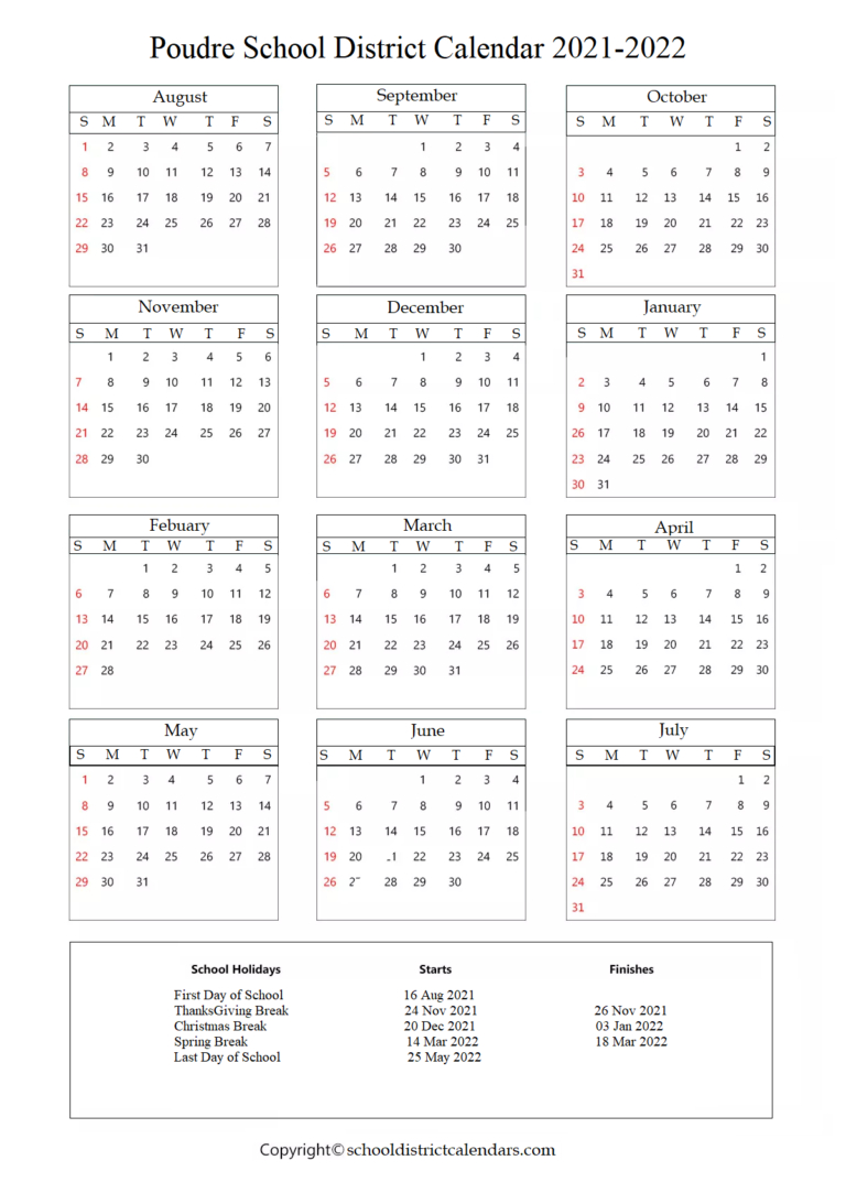 Poudre School District Calendar 2021-2022 With Holidays In
