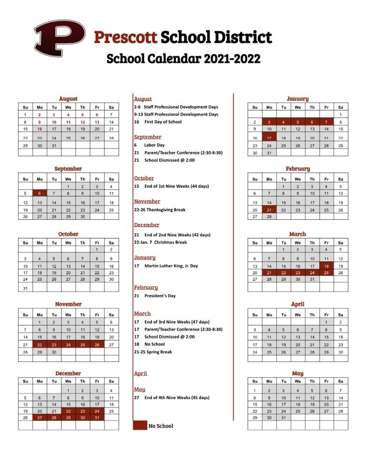 Prescott Public Schools Holiday Calendar 2021-2022
