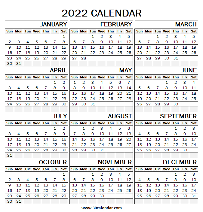 Print Calendar 2022 Template | Blank January To December