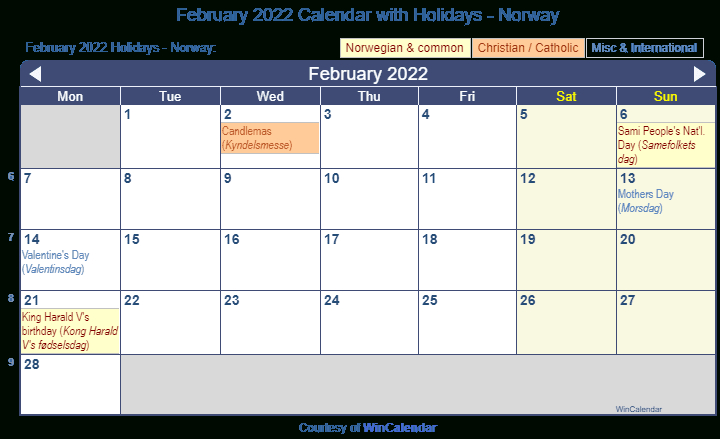 Print Friendly February 2022 Norway Calendar For Printing
