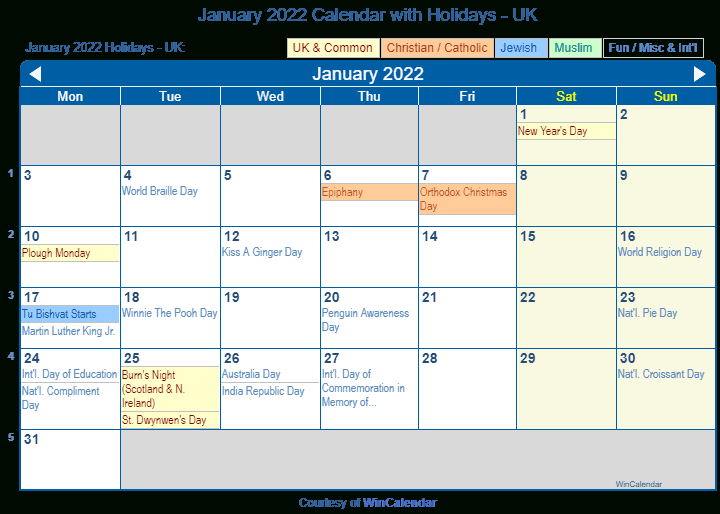 Print Friendly January 2022 Uk Calendar For Printing