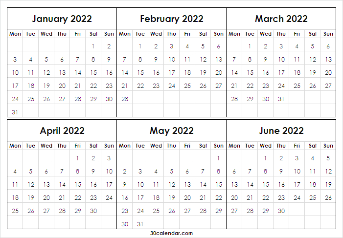 Print January To June 2022 Calendar | 2022 Printable Free