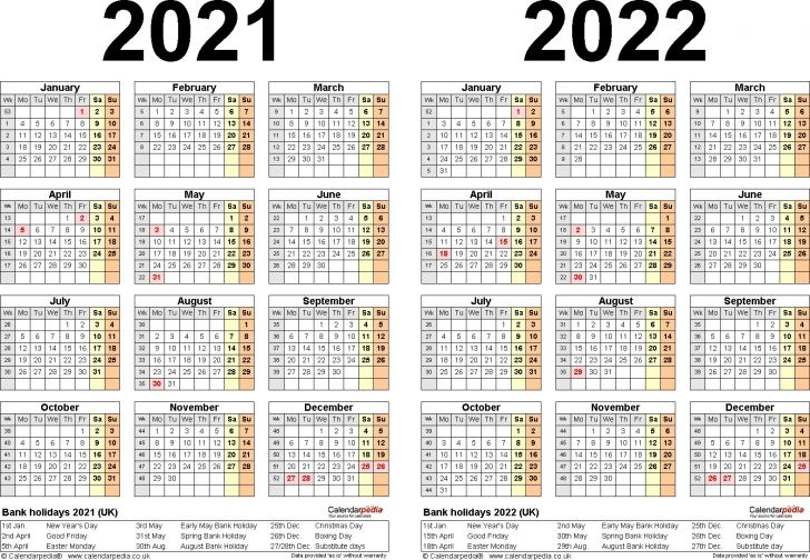 Printable 2 Year Calendar 2021 To 2022 | Free Printable