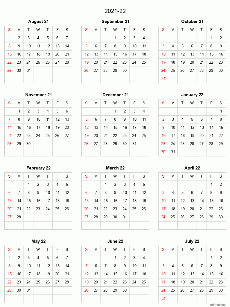 Printable 2021-22 Split Year Academic Calendar