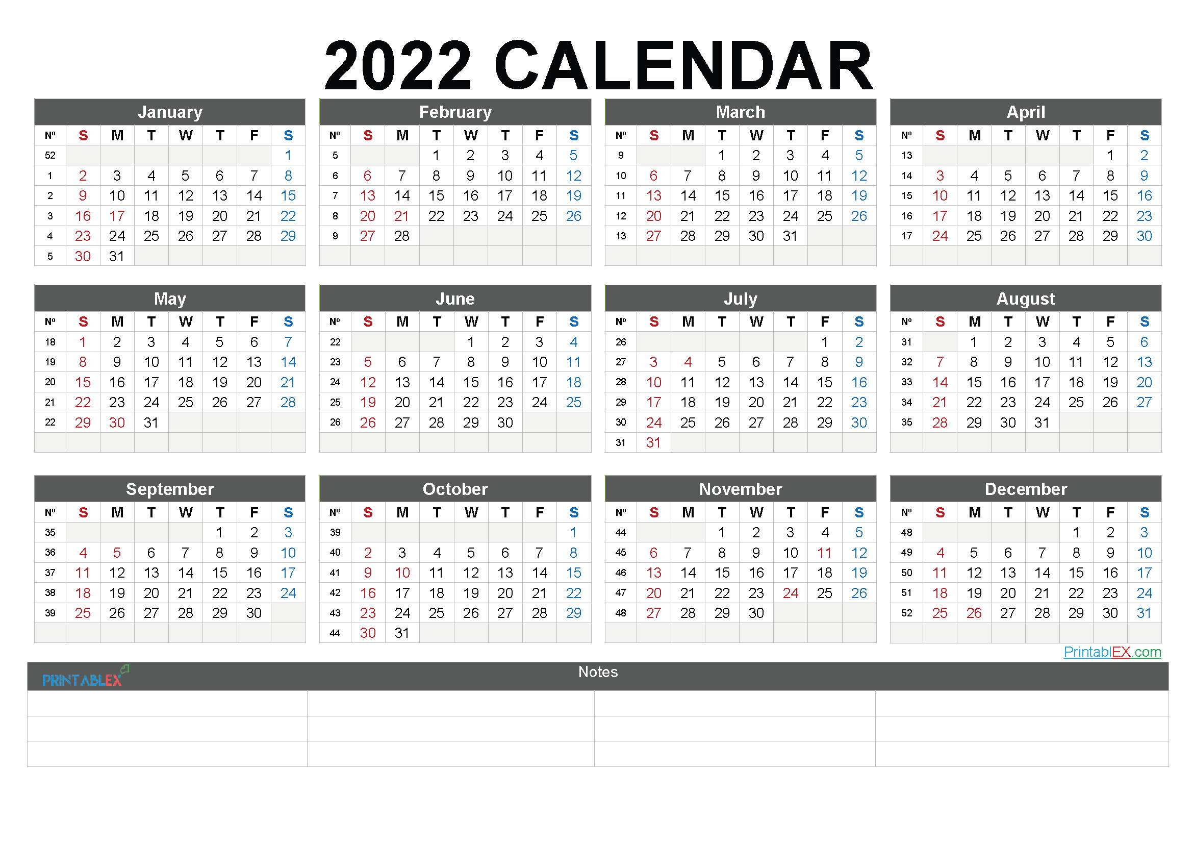 Printable 2022 Calendar By Year - 6 Templates - Free Printable Calendars