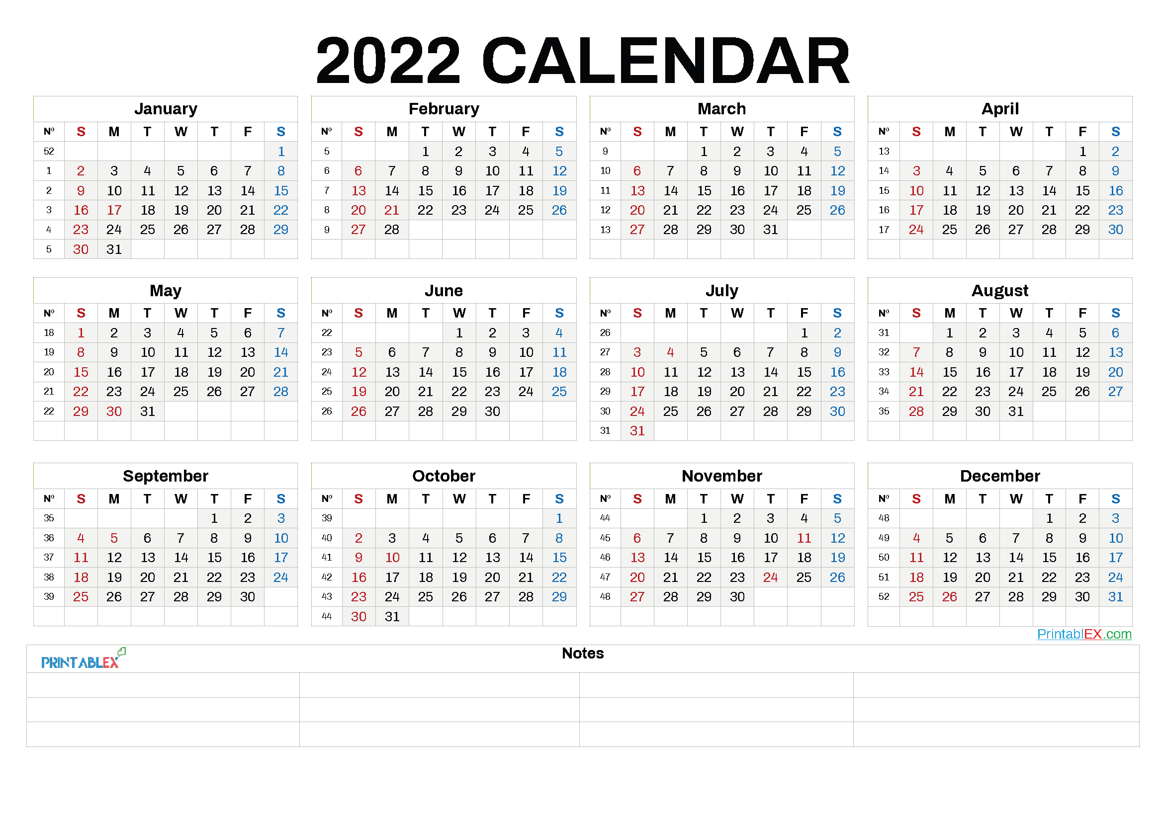 Printable 2022 Calendar By Year - 6 Templates - Free