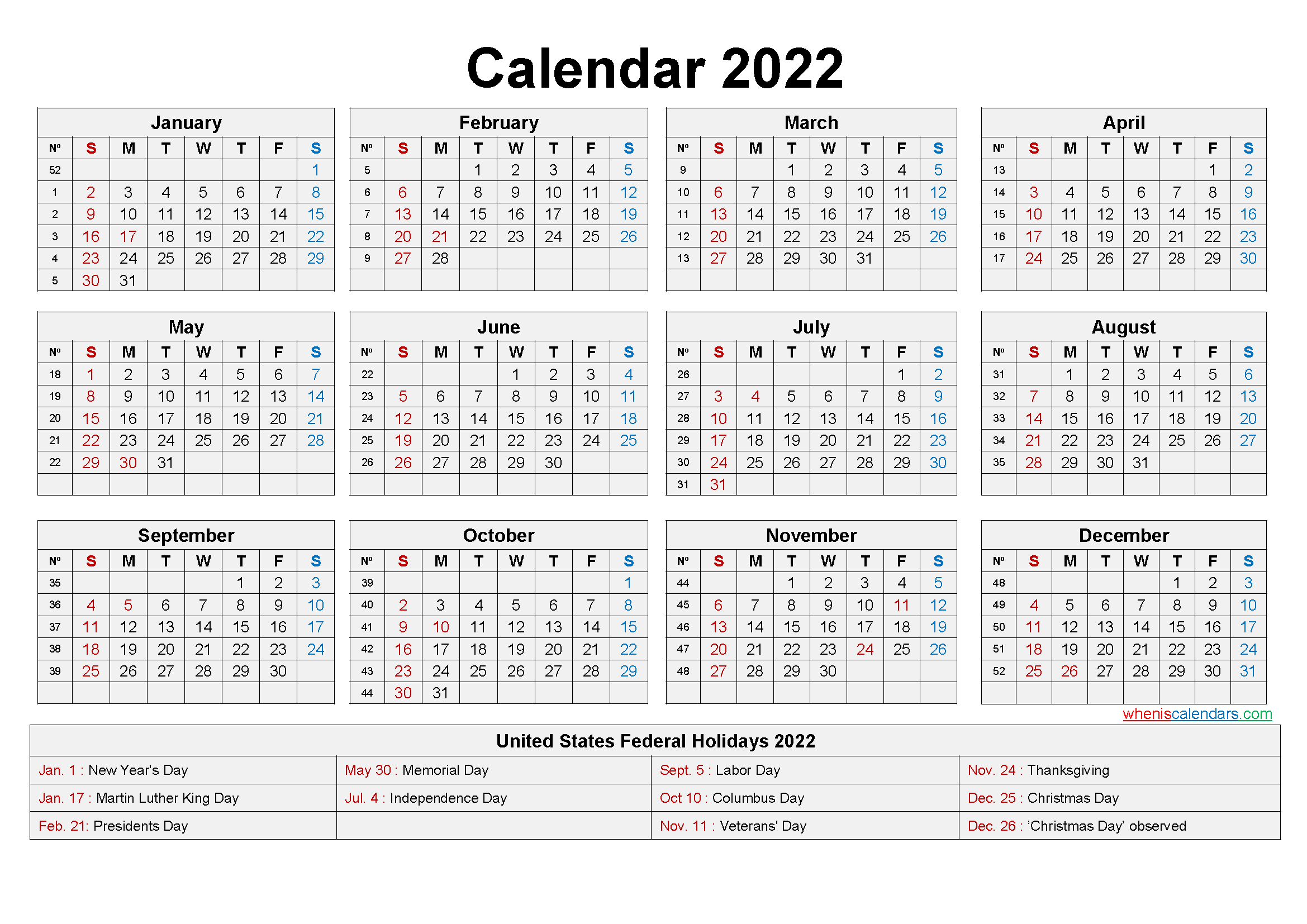 Printable 2022 Calendar With Federal Holidays | Free