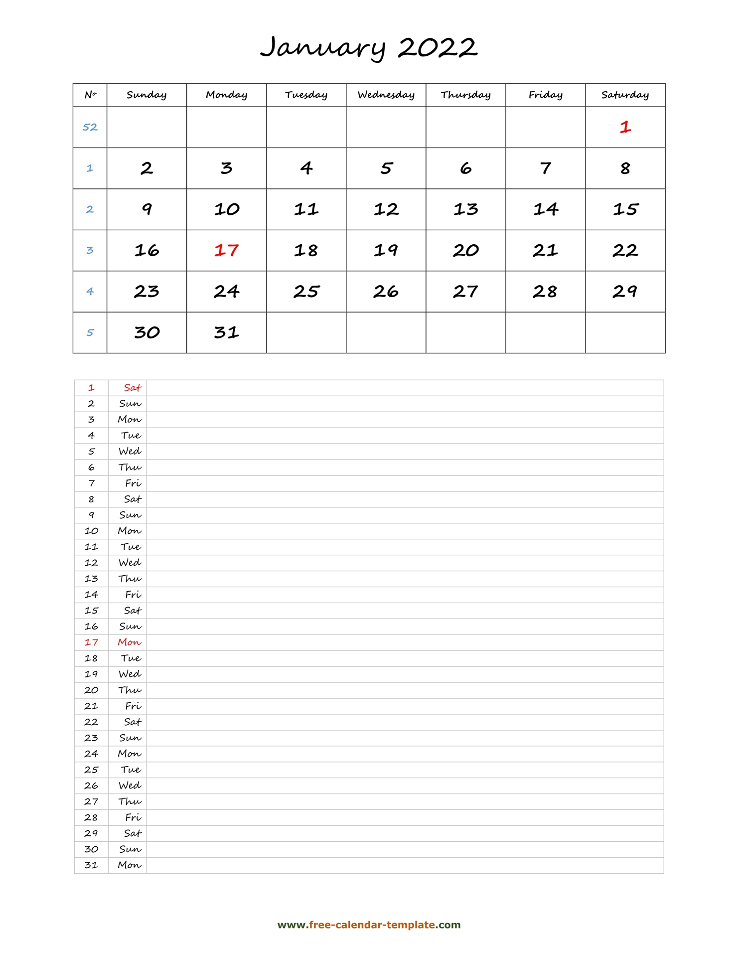 Printable 2022 January Calendar Grid Lines For Daily Notes