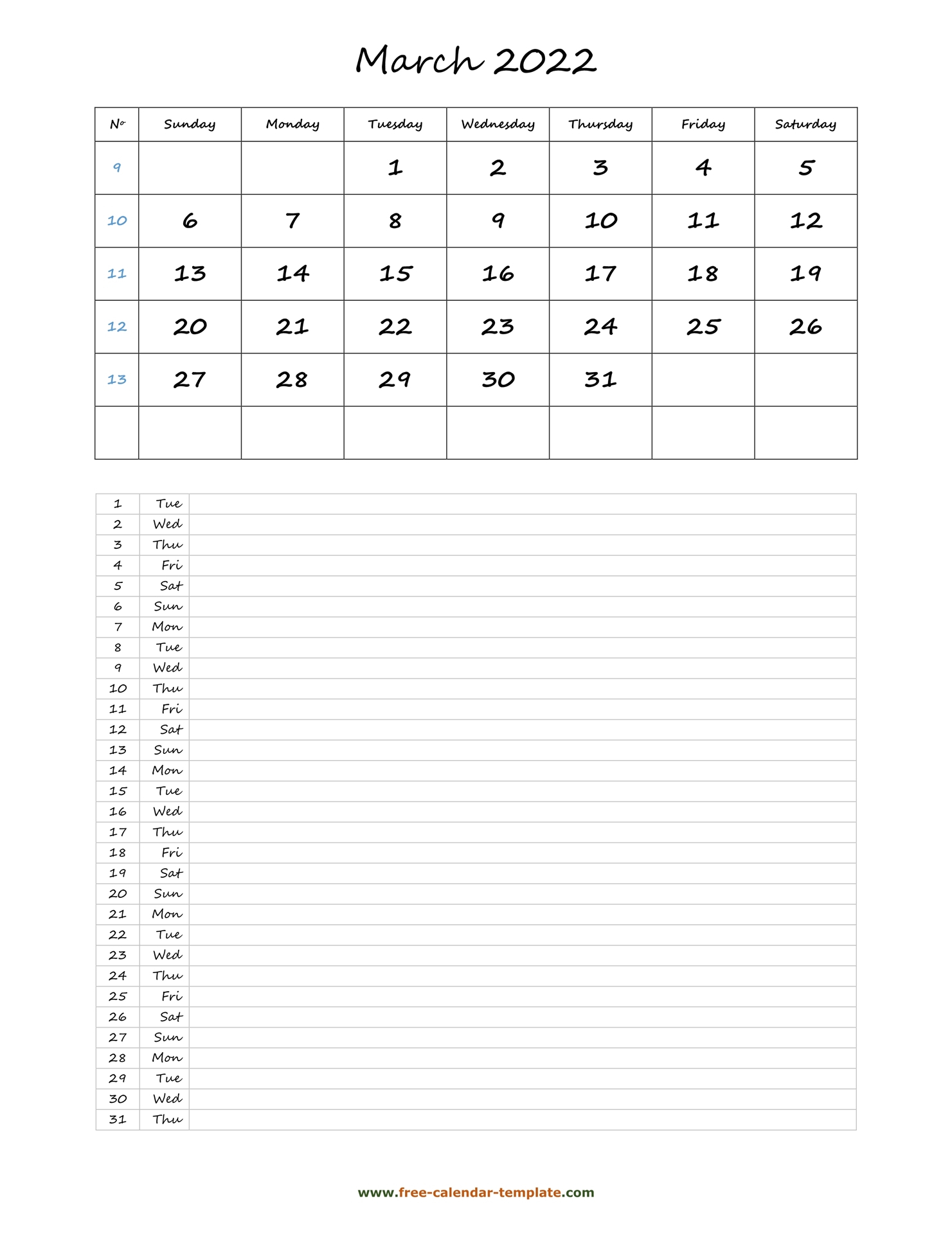 Printable 2022 March Calendar Grid Lines For Daily Notes