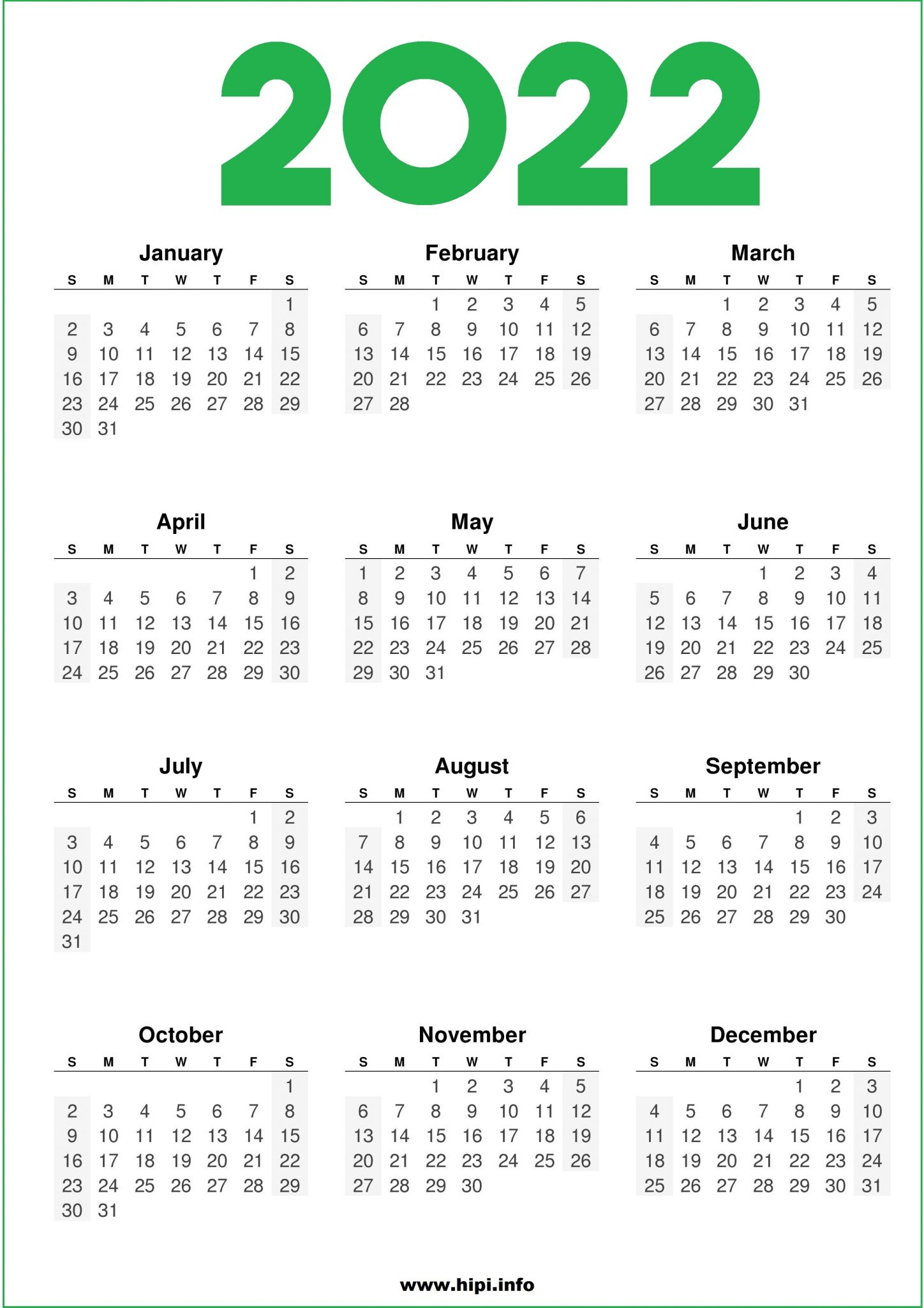 Printable 2022 Us Calendar Green - Hipi | Calendars
