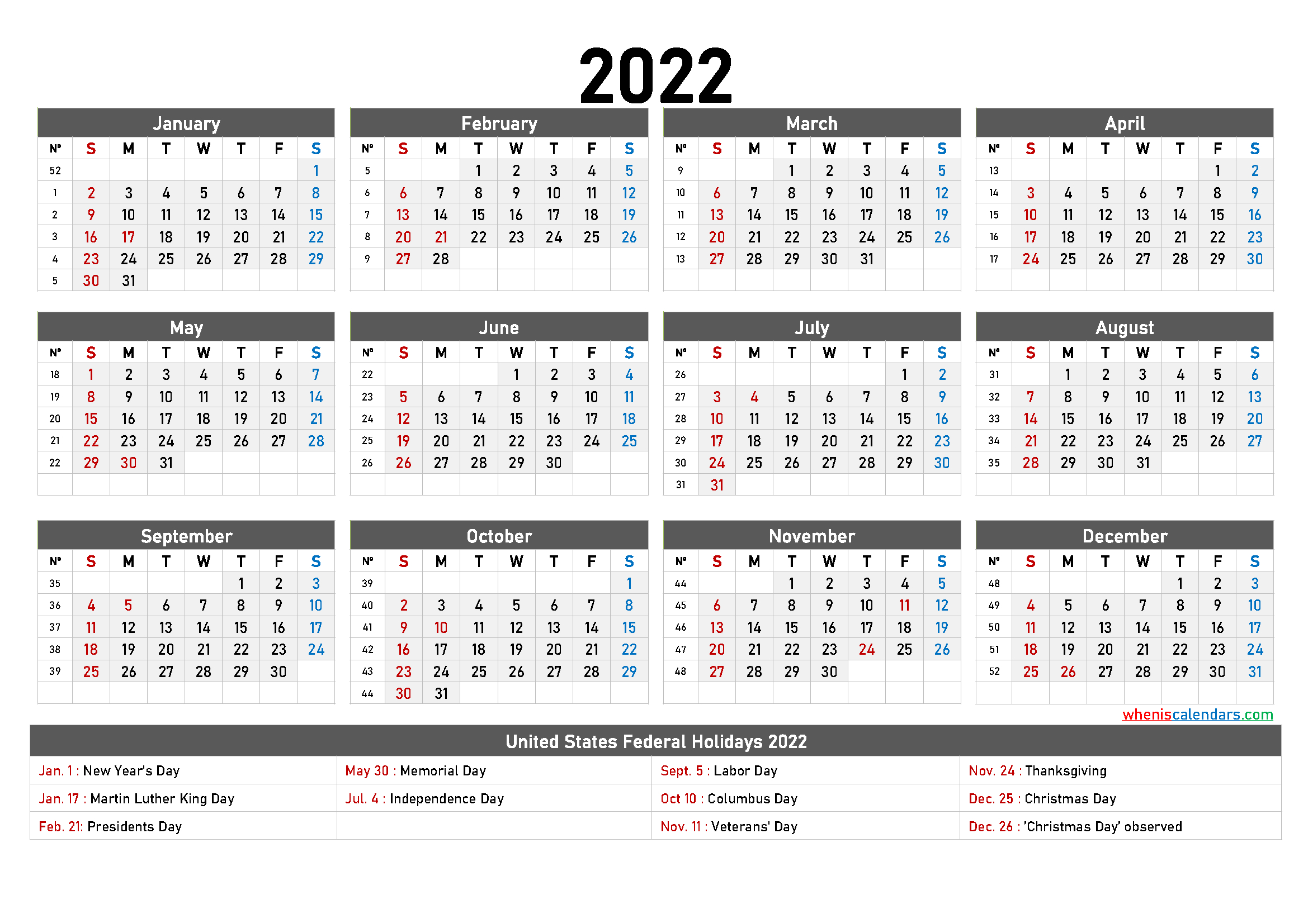 Printable 2022 Yearly Calendar - 9 Templates