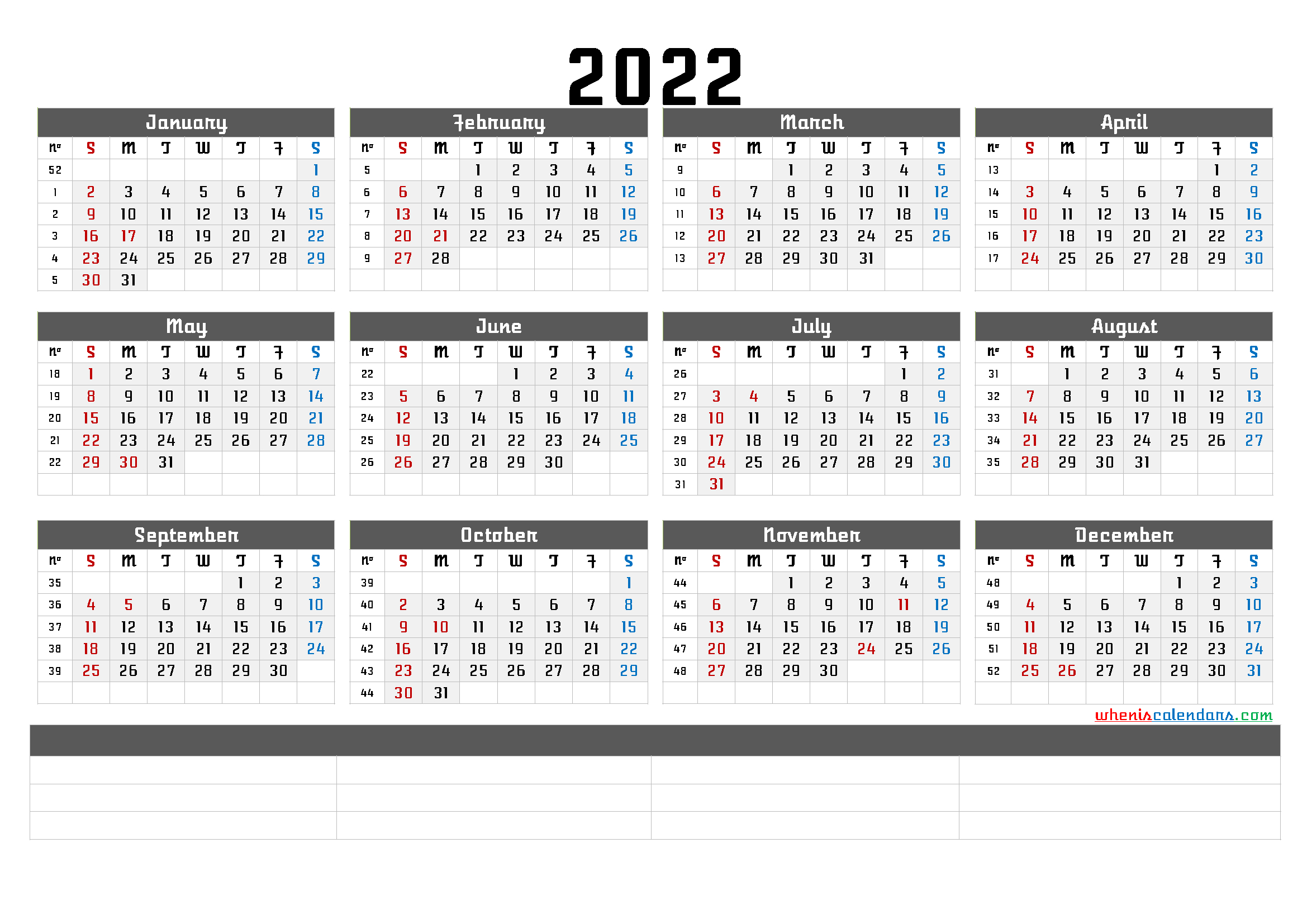 Printable 2022 Yearly Calendar [Premium Templates] - Free