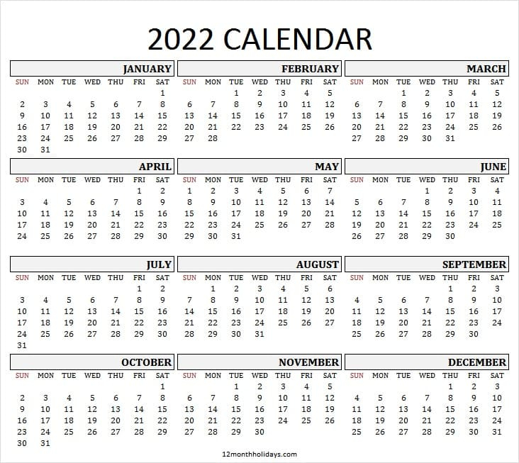 Printable 2022 Yearly Calendar Template | Jan To Dec 2022