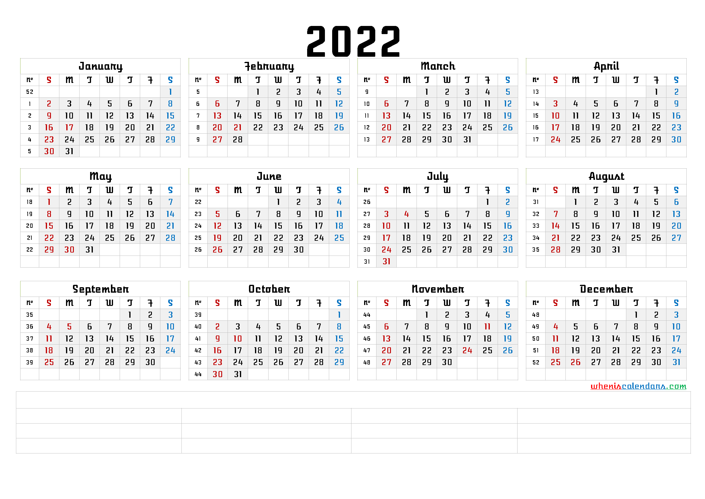 Printable 2022 Yearly Calendar With Week Numbers (6 Templates)