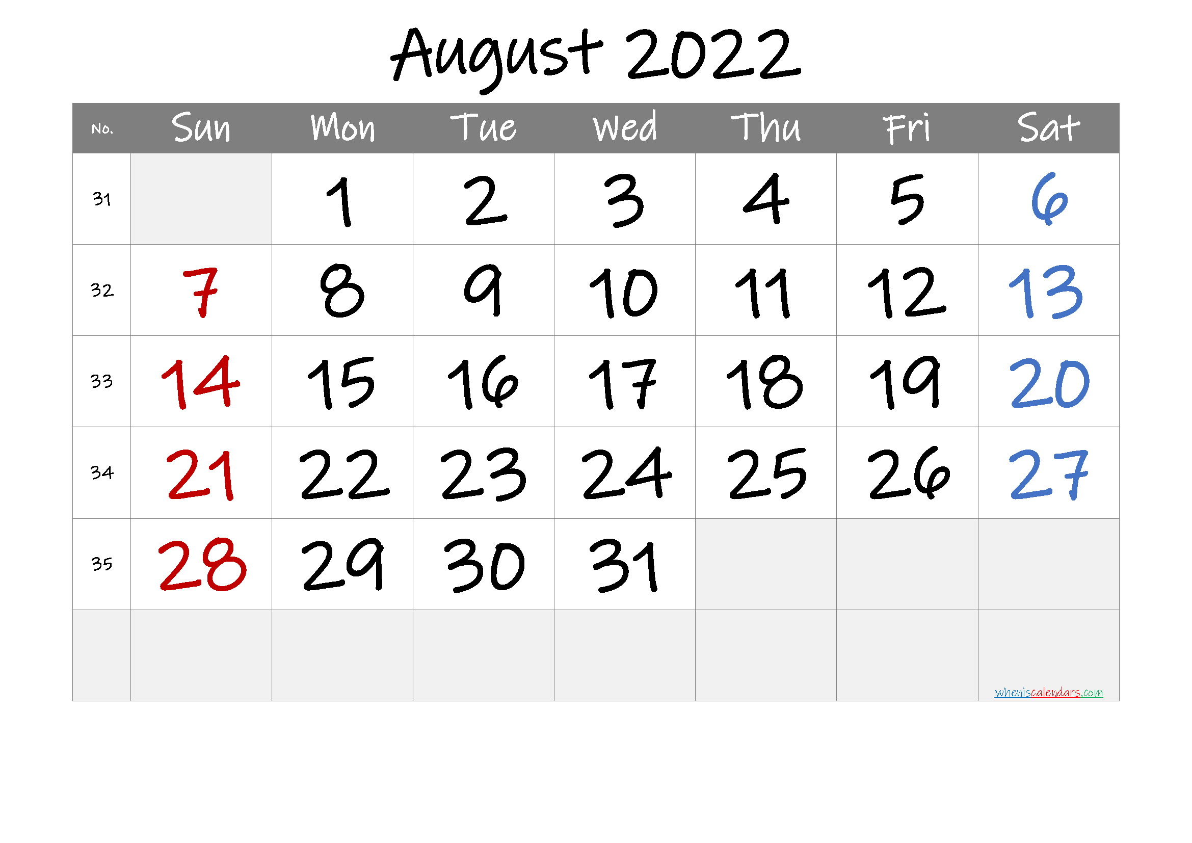 Printable August 2022 Calendar With Week Numbers