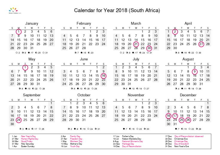 Printable Calendar 2018 For South Africa (Pdf) | Printable