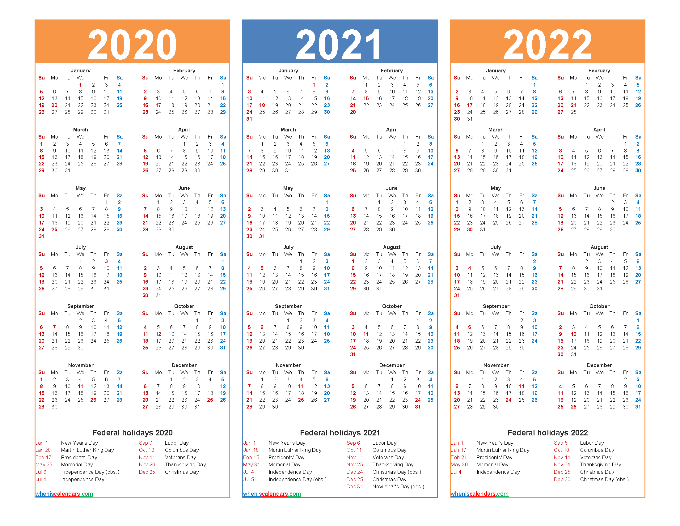 Printable Calendar 2020 2021 2022 With Holidays