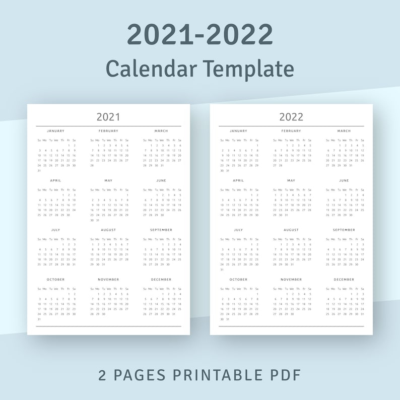Printable Calendar 2021 2022 Year At A Glance Calendar | Etsy