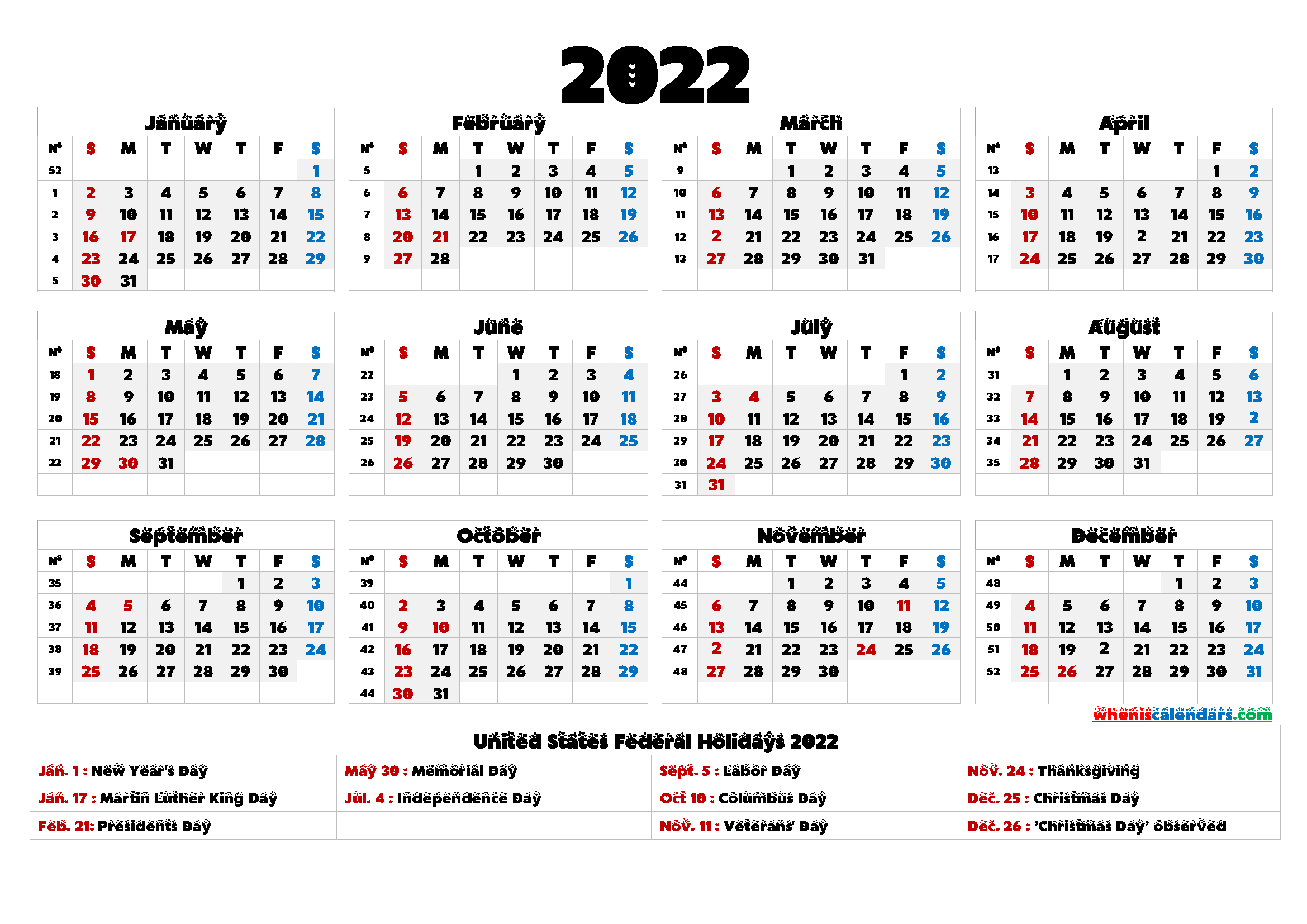 Printable Calendar 2022 / Free Printable 2022 Calendar By