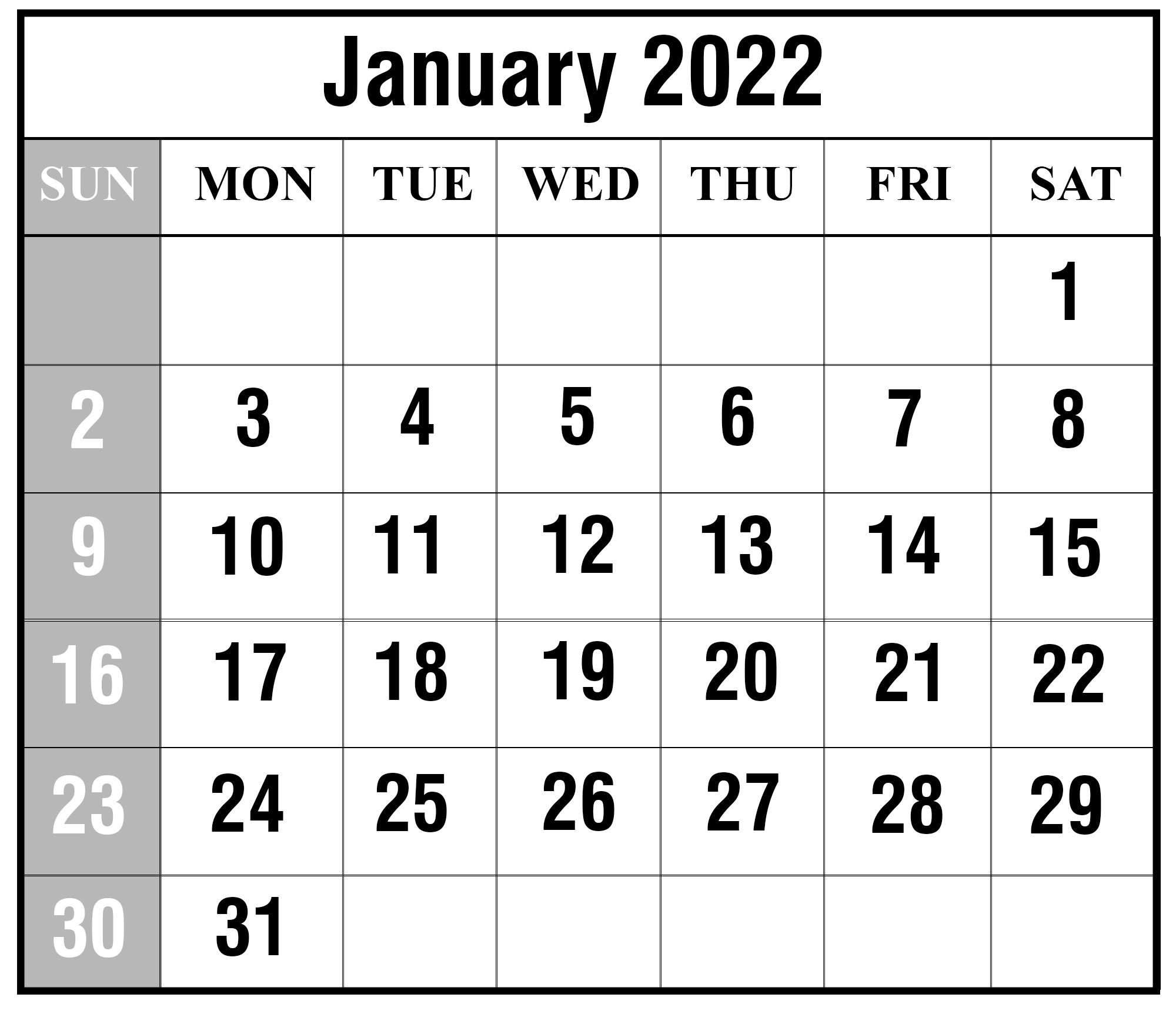 Image Of January 2022 Calendar