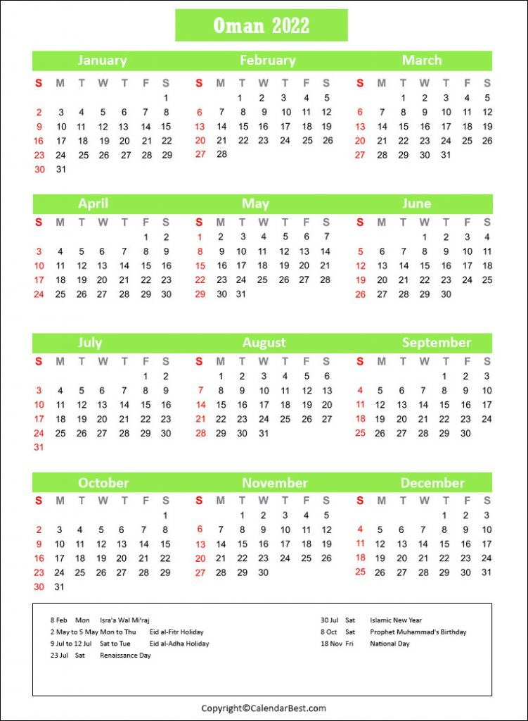 Printable Calendar 2022 Oman | Best Printable Calendar