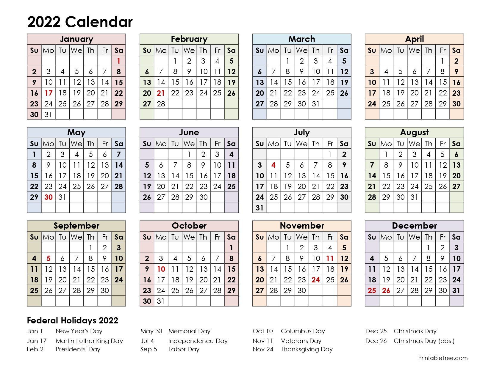 Printable Calendar 2022 One Page With Holidays (Single