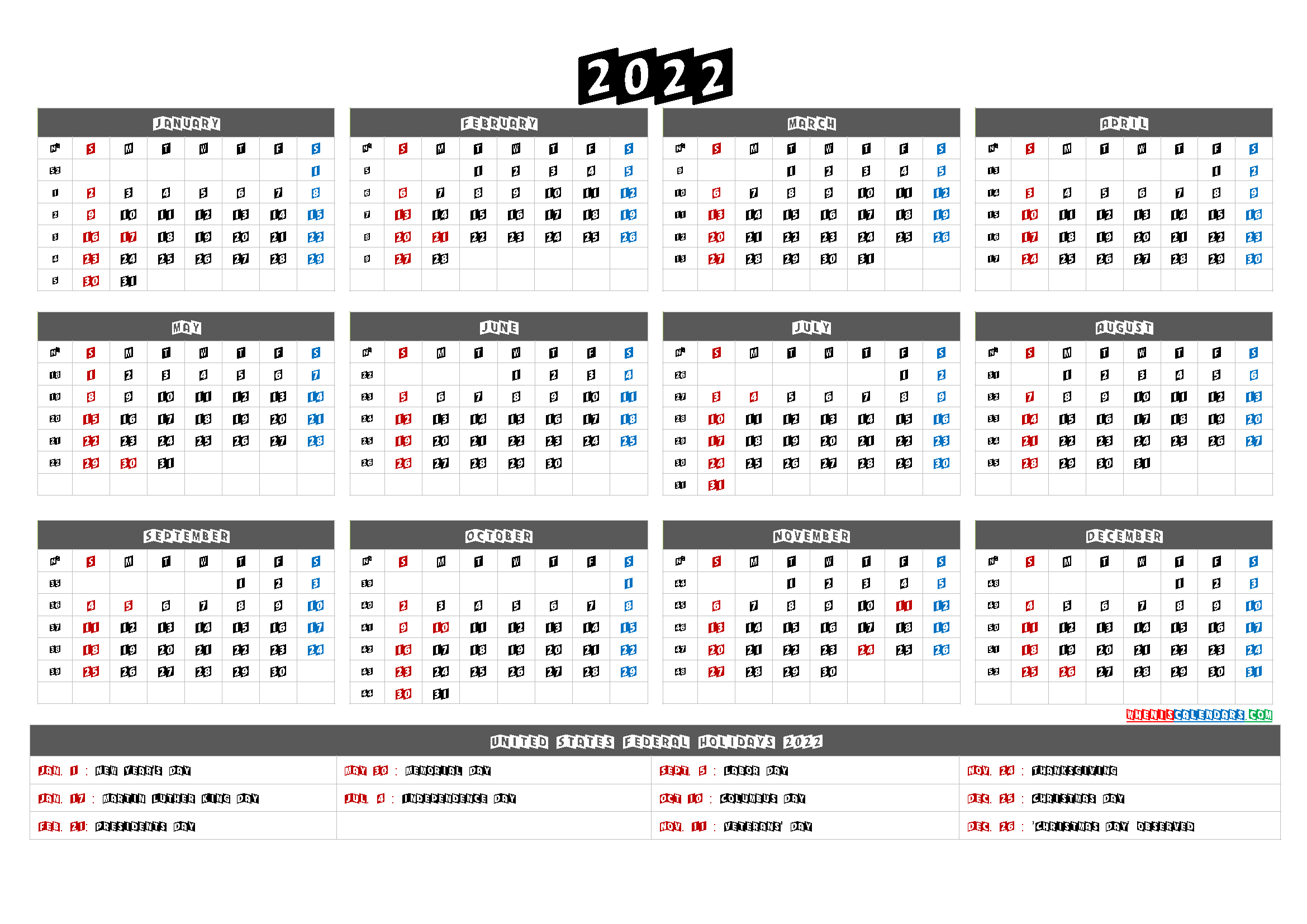 Printable Calendar 2022 With Holidays - 6 Templates
