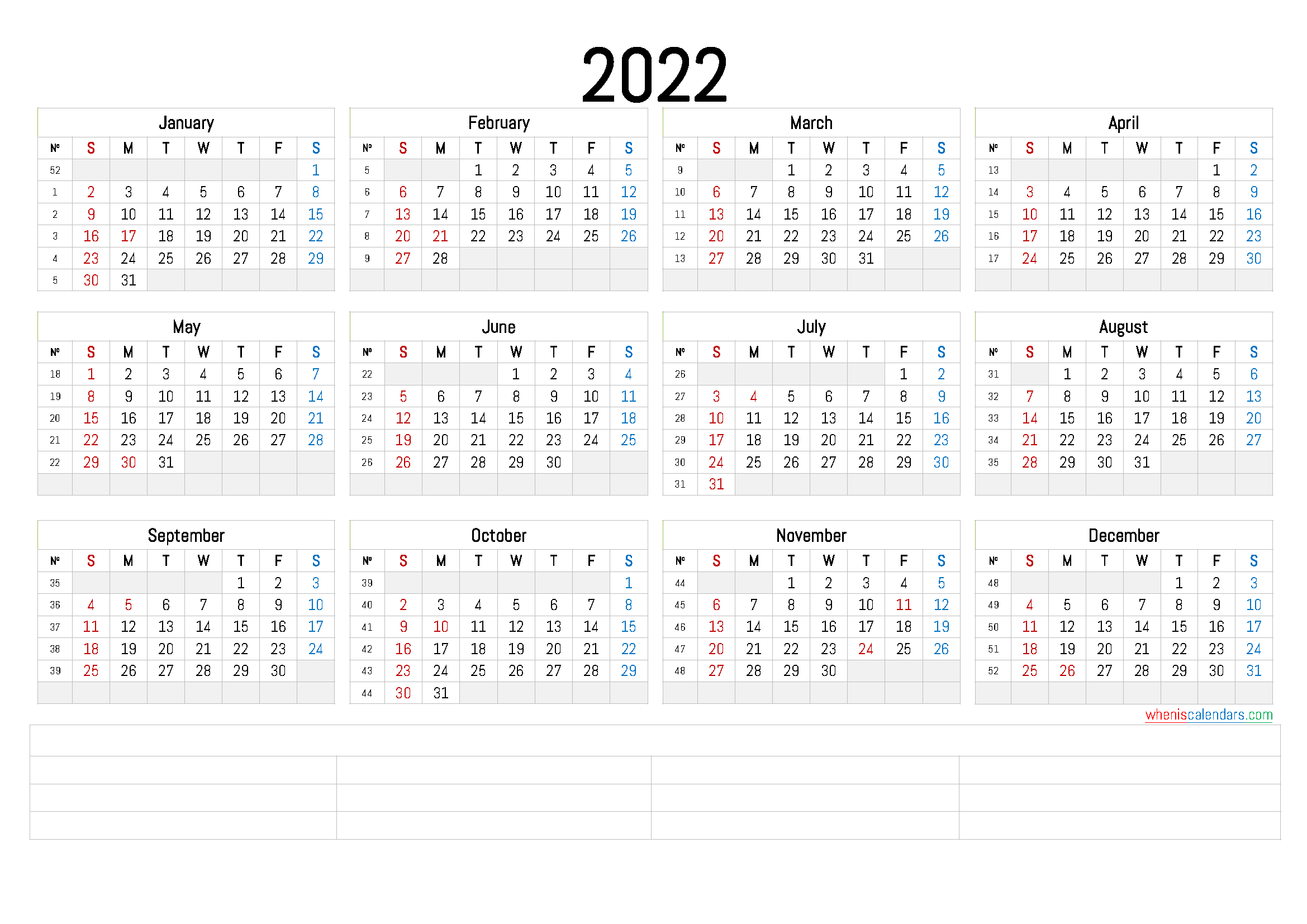 Printable Calendar 2022 : Yearly Printable Calendar 2022