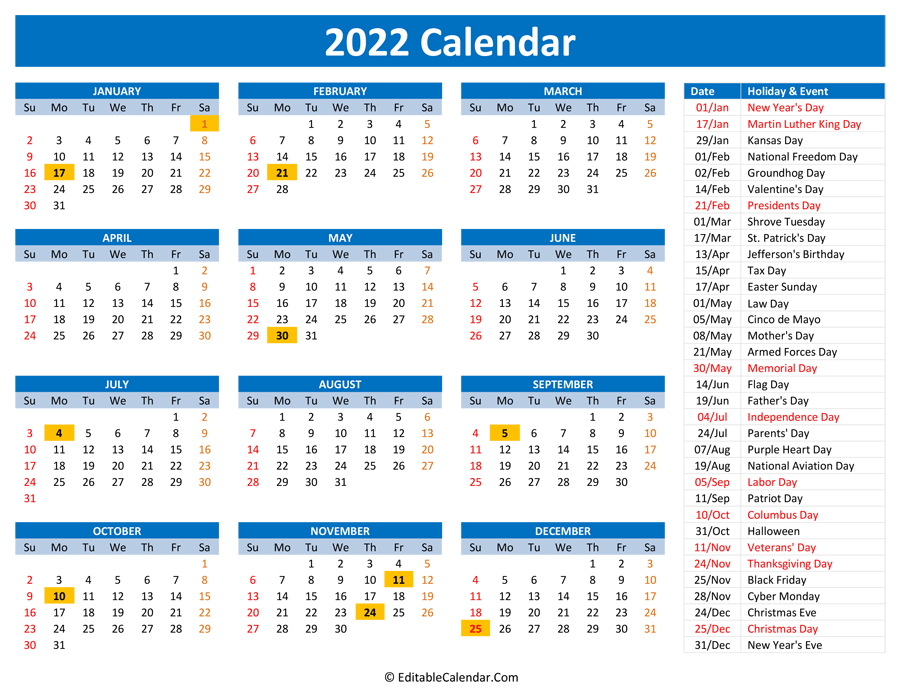 Printable Calendar For 2022 | Printable Calendar 2021