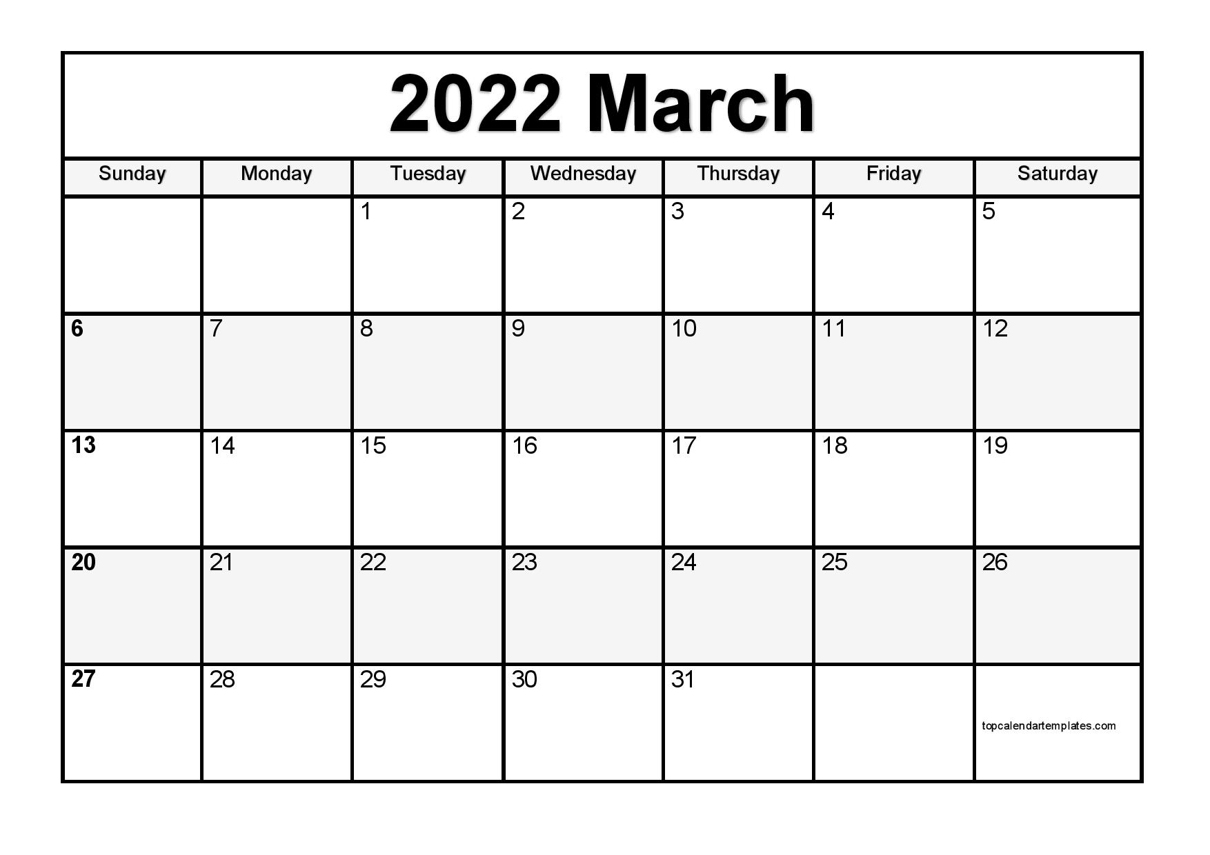 Printable Calendar March 2022 - Monthly Templates