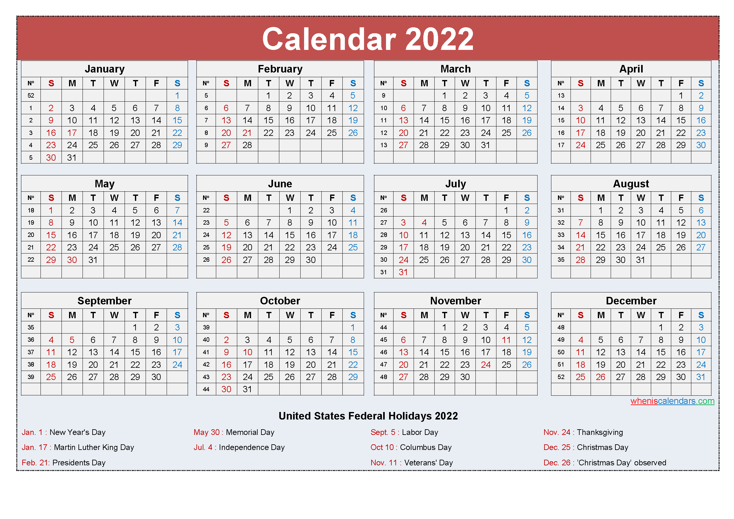 Printable Calendar With Holidays 2022 - Calendar 2021