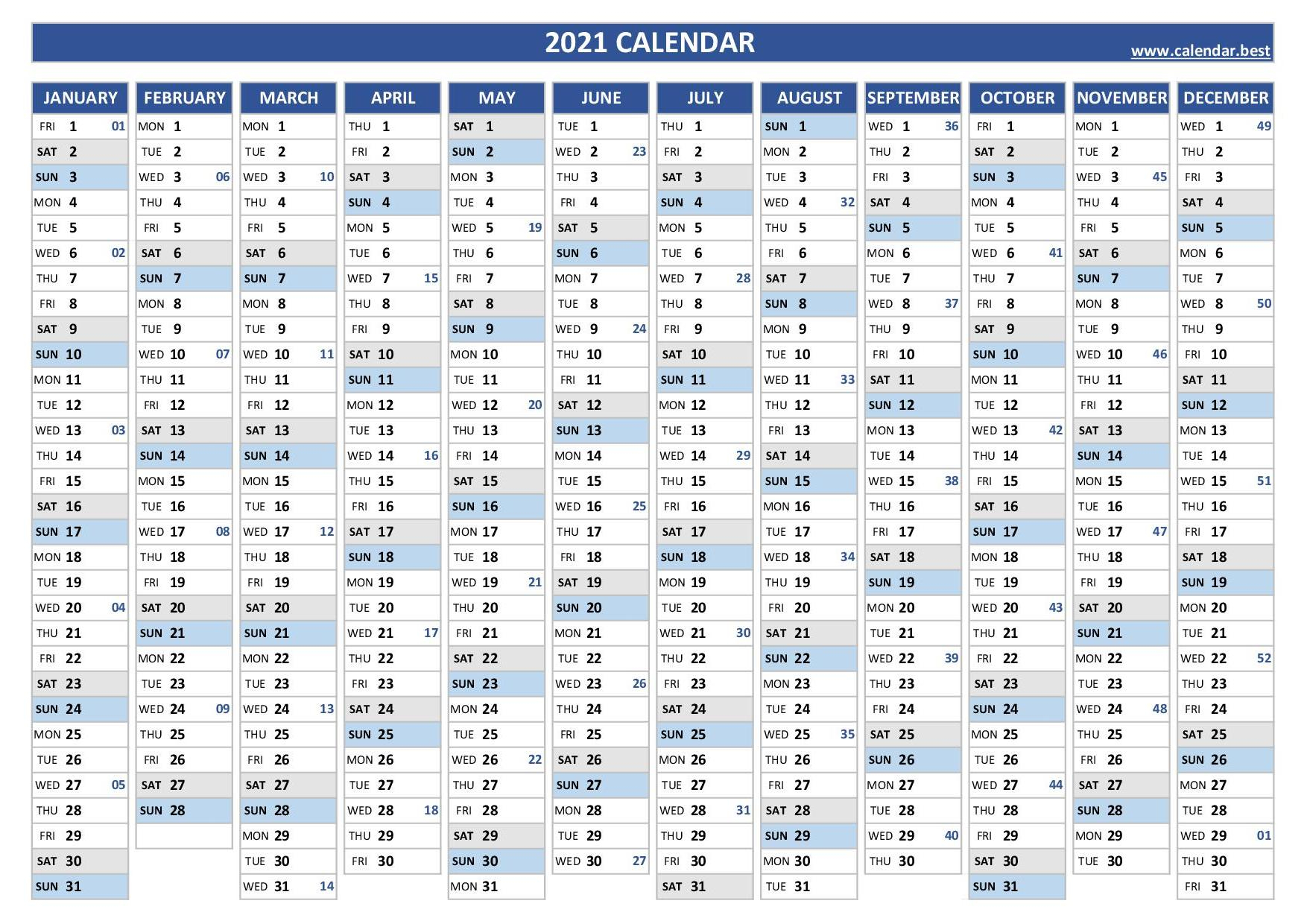 Printable Calendar With Week Numbers / 2021 Calendar With