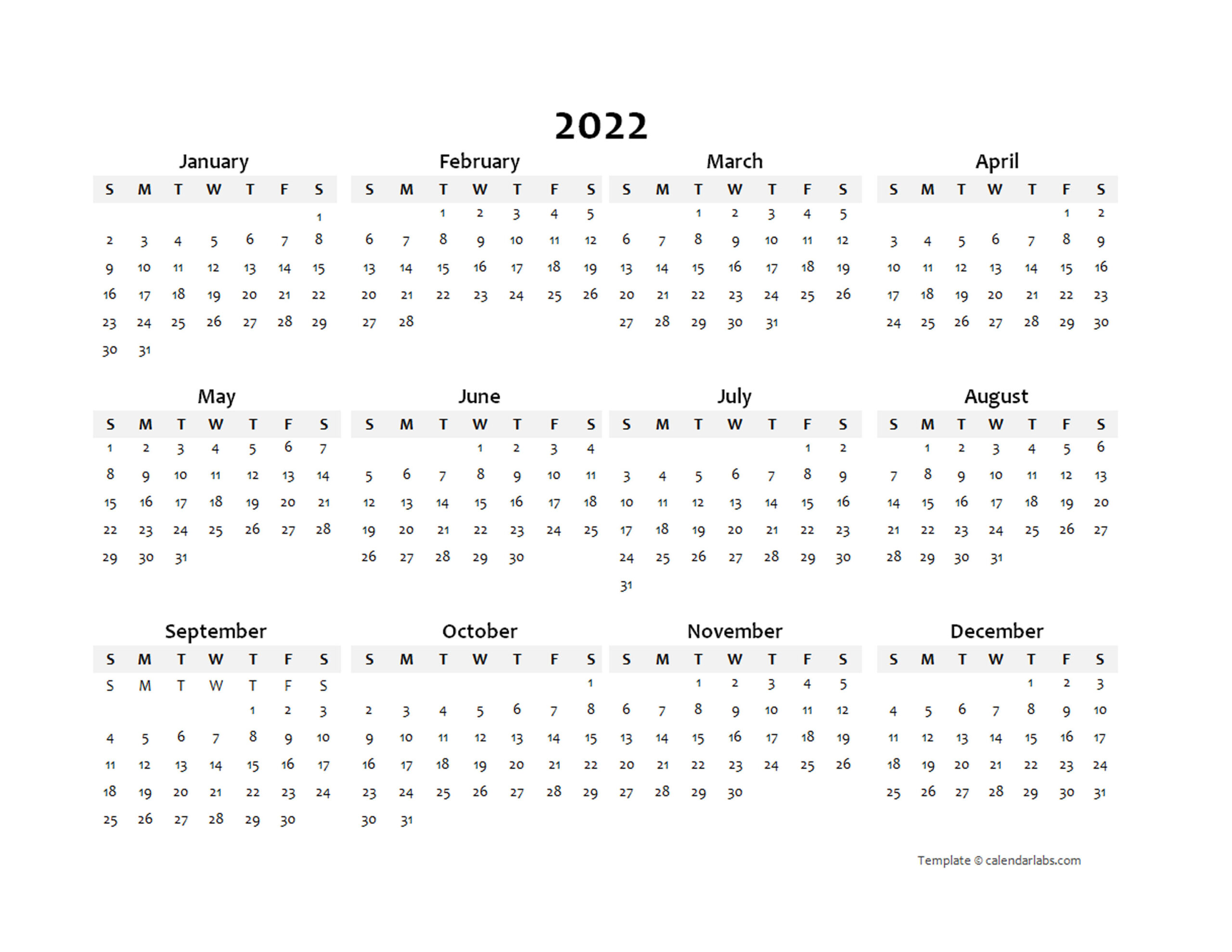 Printable Calendar Year 2022 - Editable 2022 Yearly