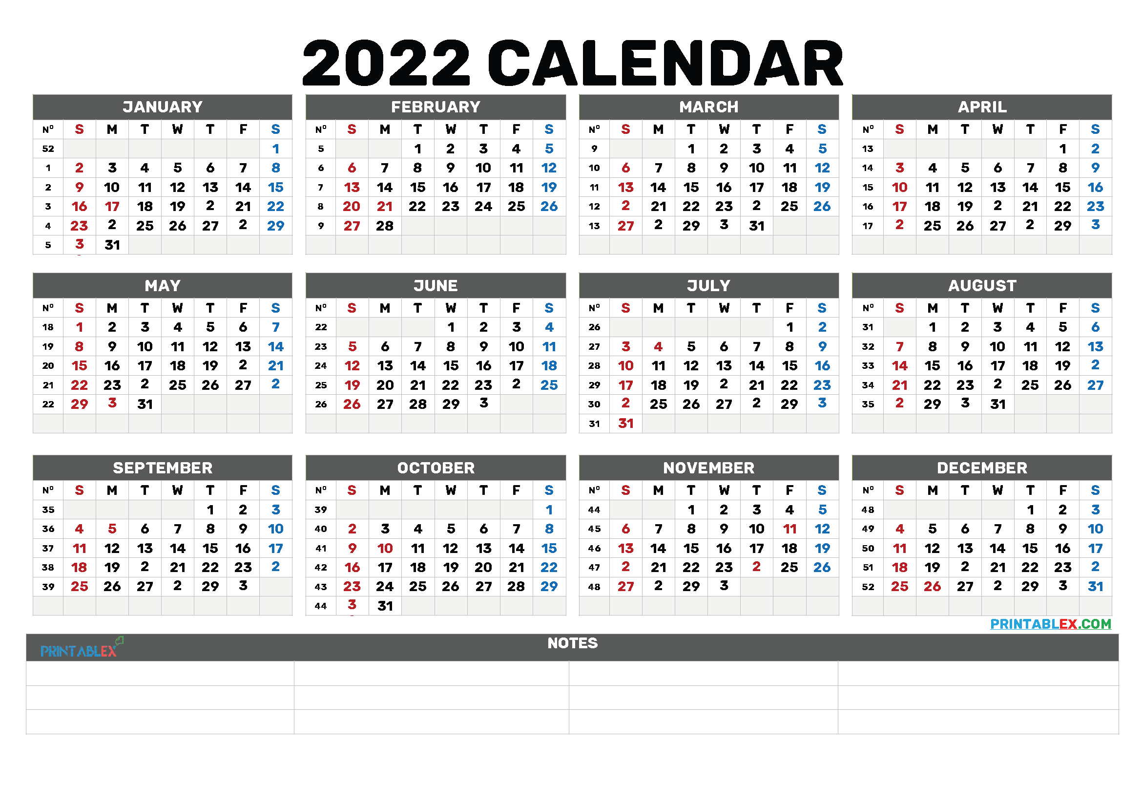 Printable Calendar Year 2022 : Printable 2022 Calendar By