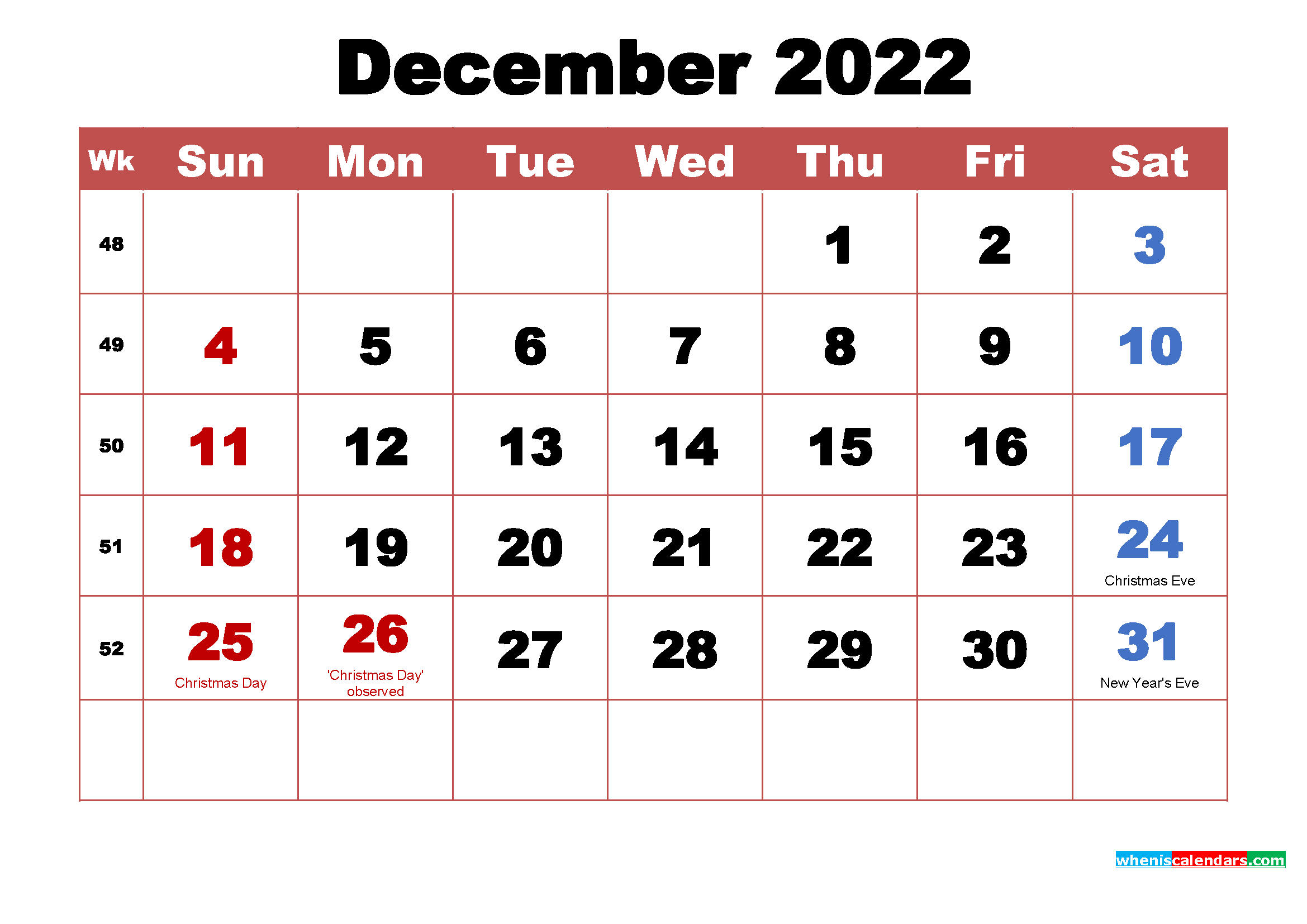 Printable December 2022 Calendar With Holidays Word, Pdf