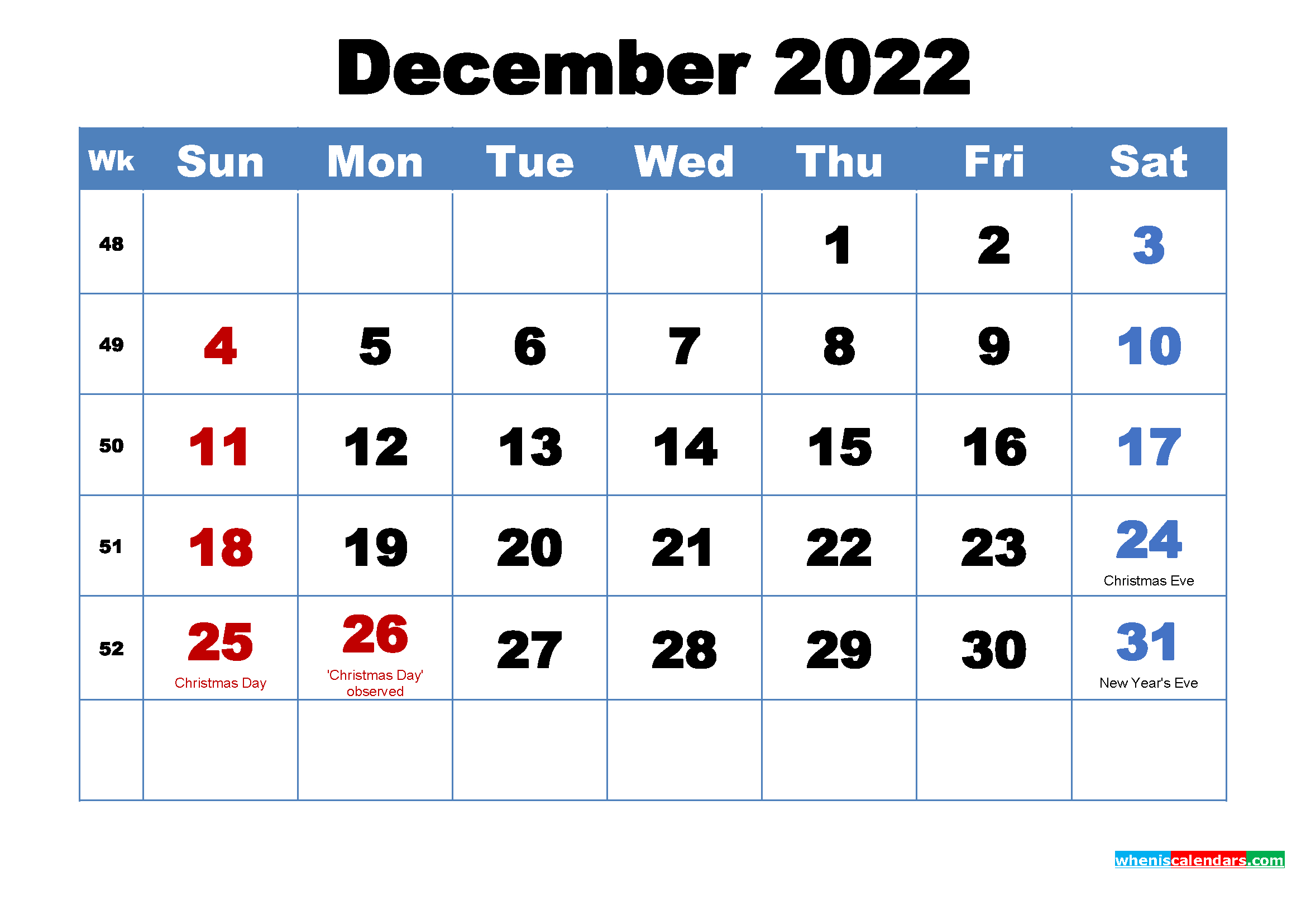 Printable December 2022 Calendar With Holidays