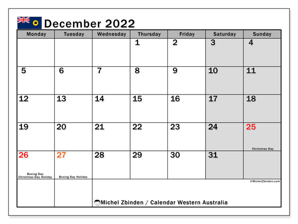 Printable December 2022 &quot;Western Australia&quot; Calendar