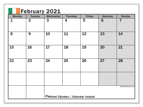 Printable February 2021 &quot;Ireland&quot; Calendar - Michel Zbinden En