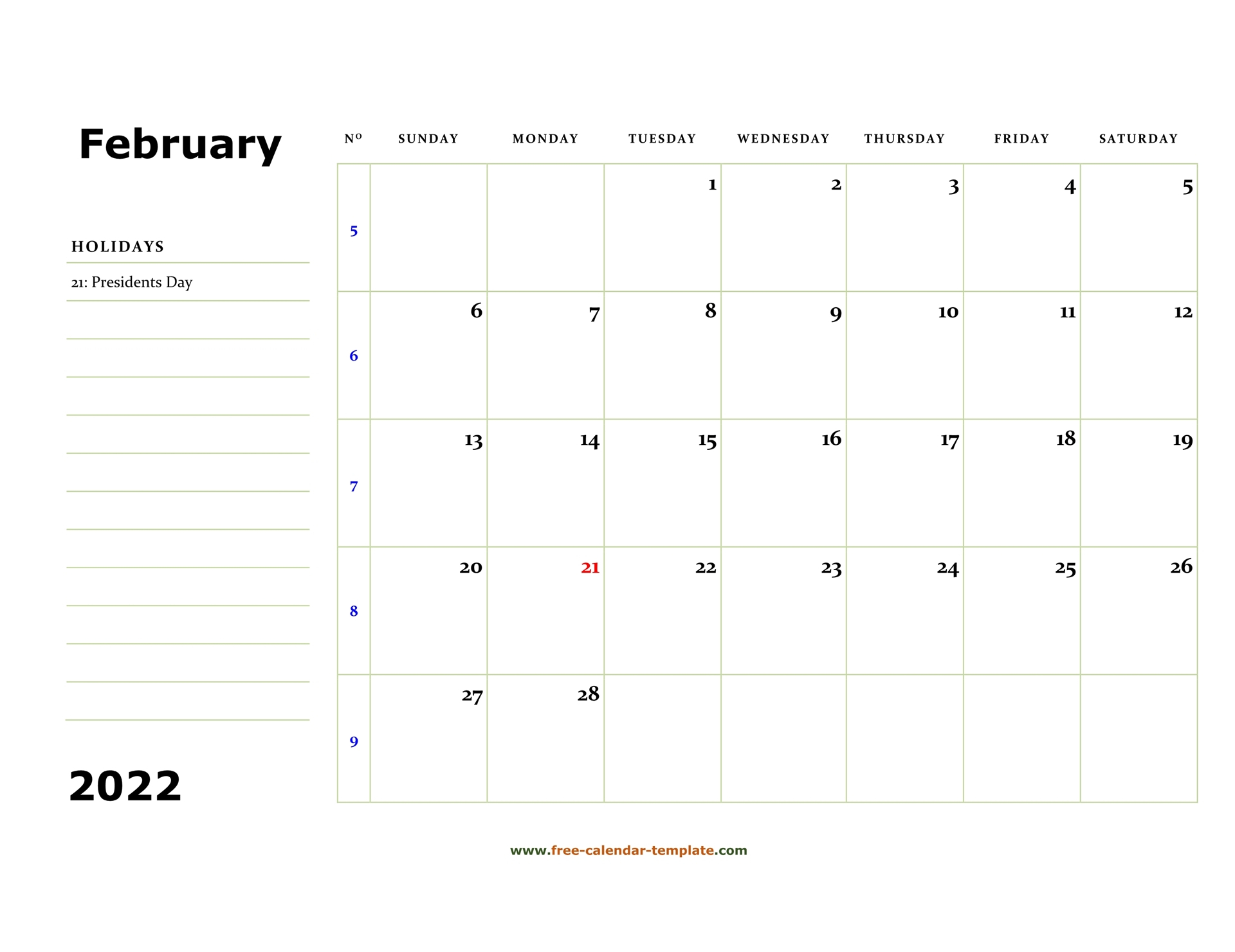 Printable February 2022 Calendar (Box And Lines For Notes