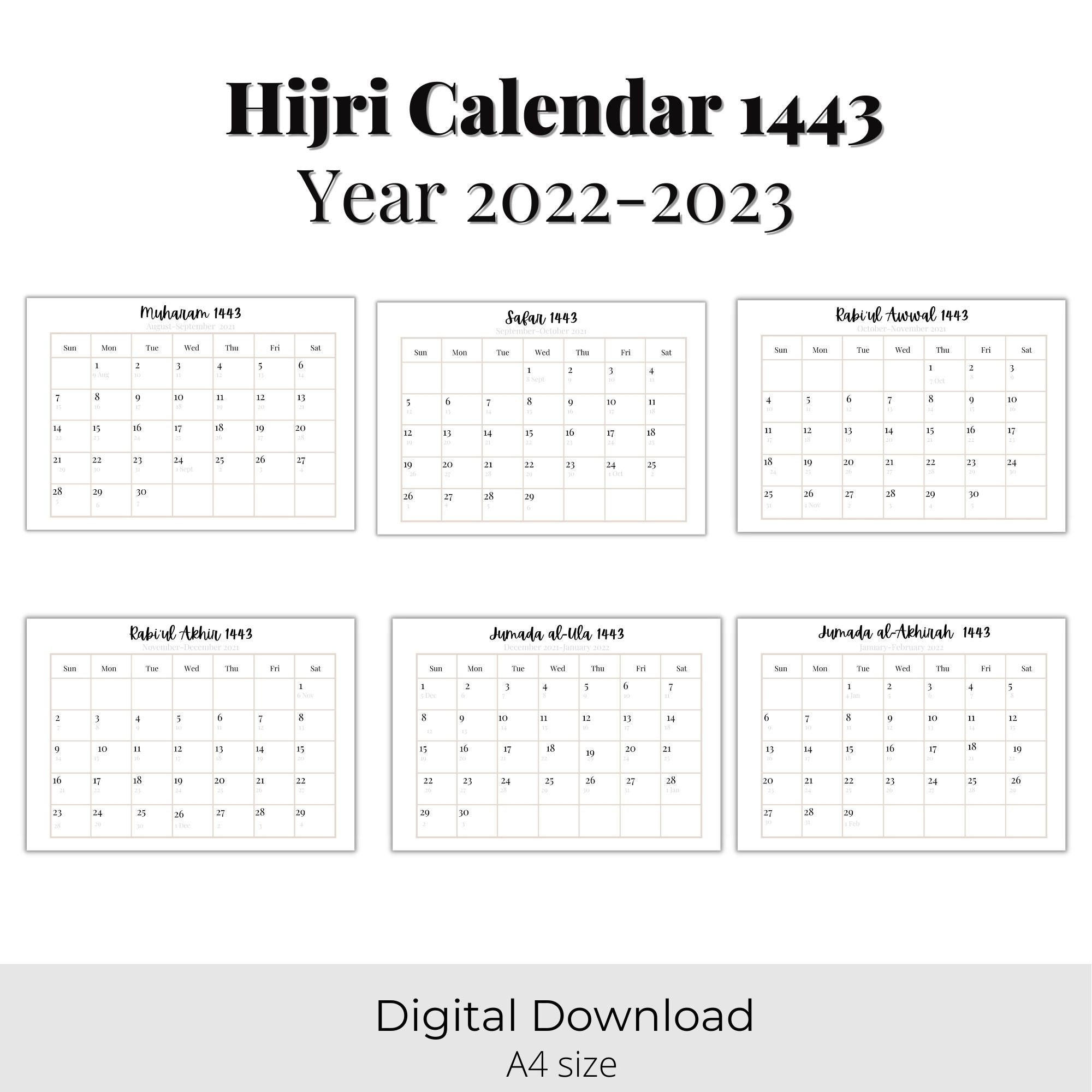Printable Hijri Calendar Islamic Calendar 1443 2021 To | Etsy