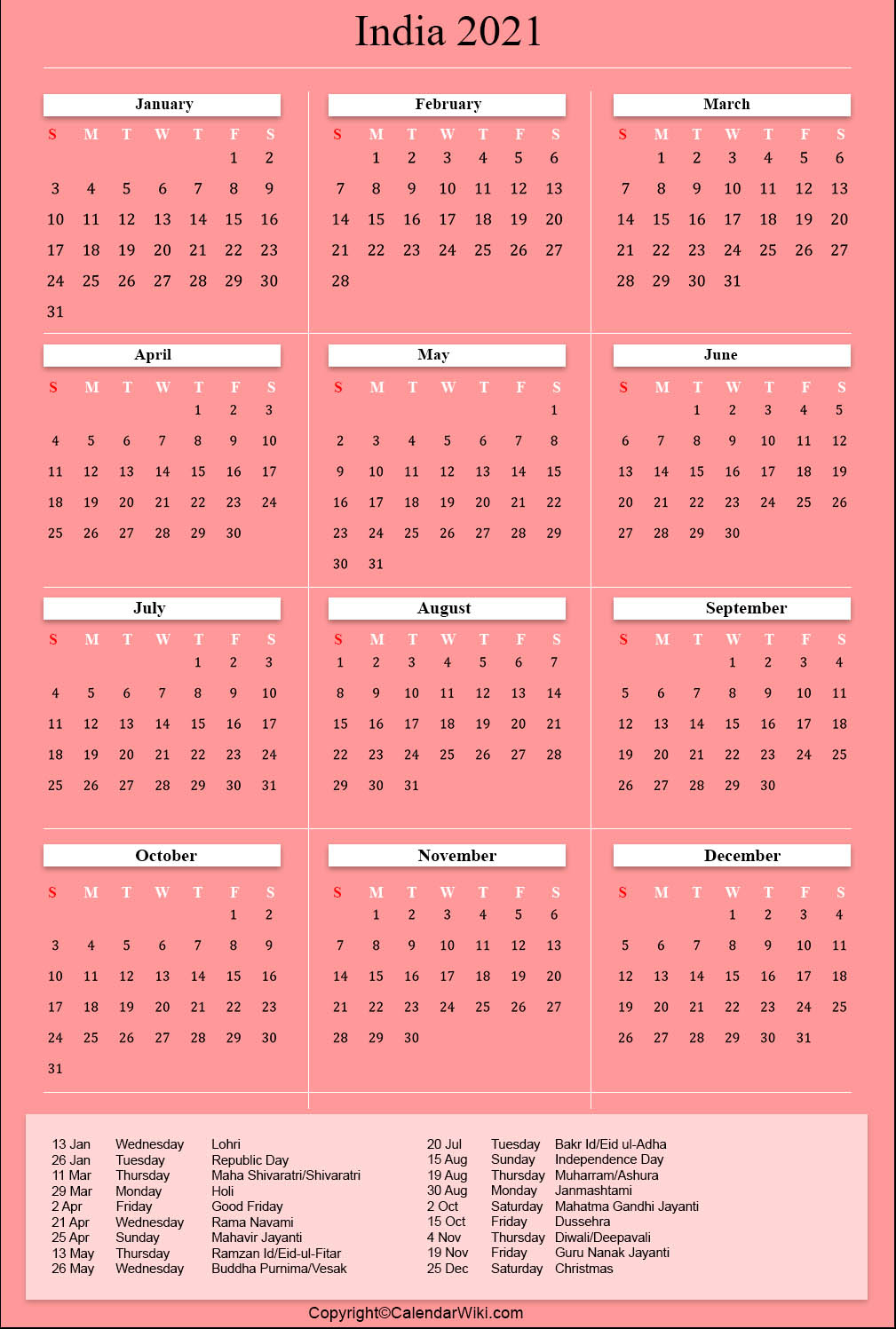 Printable India Calendar 2021 With Holidays [Public Holidays]