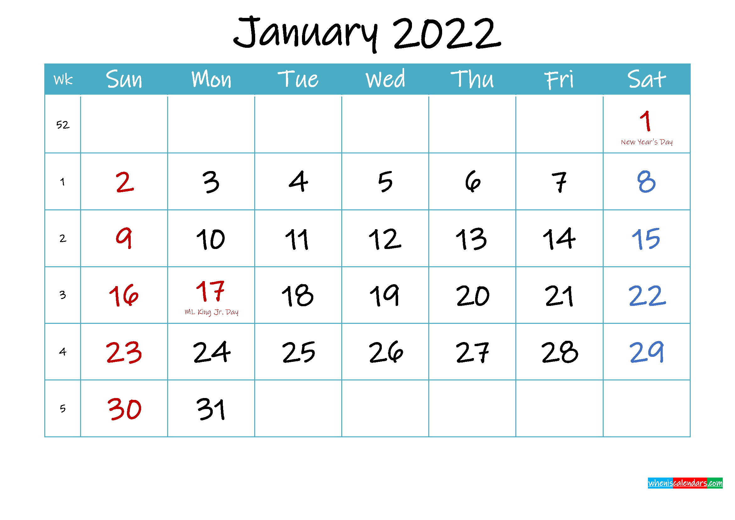 Printable January 2022 Calendar Pdf - Template Ink22M61 - Free Printable 2021 Monthly Calendar