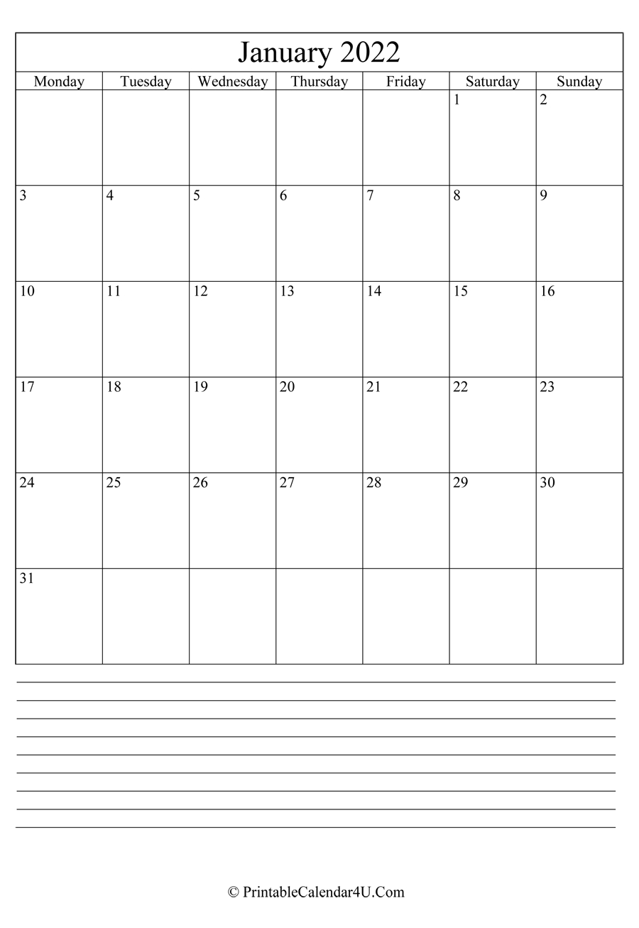 Printable January Calendar 2022 With Notes (Portrait)