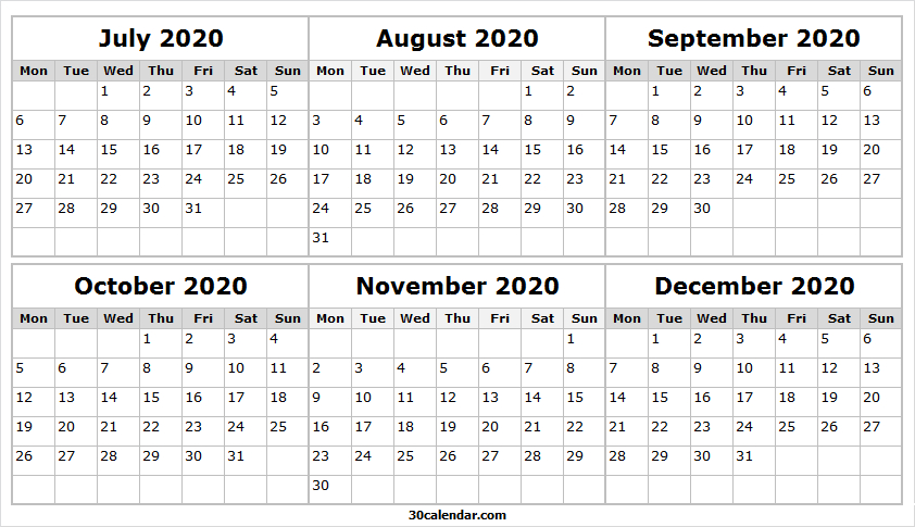 Printable July To December 2020 Calendar | Blank Calendar 2020