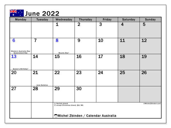 Printable June 2022 &quot;Australia&quot; Calendar - Michel Zbinden En