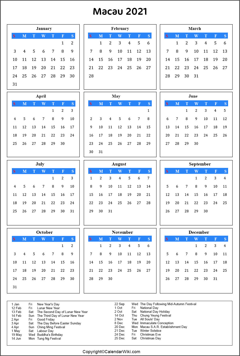 Printable Macau Calendar 2021 With Holidays [Public Holidays]