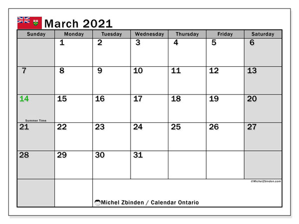 Printable March 2021 &quot;Ontario&quot; Calendar - Michel Zbinden En