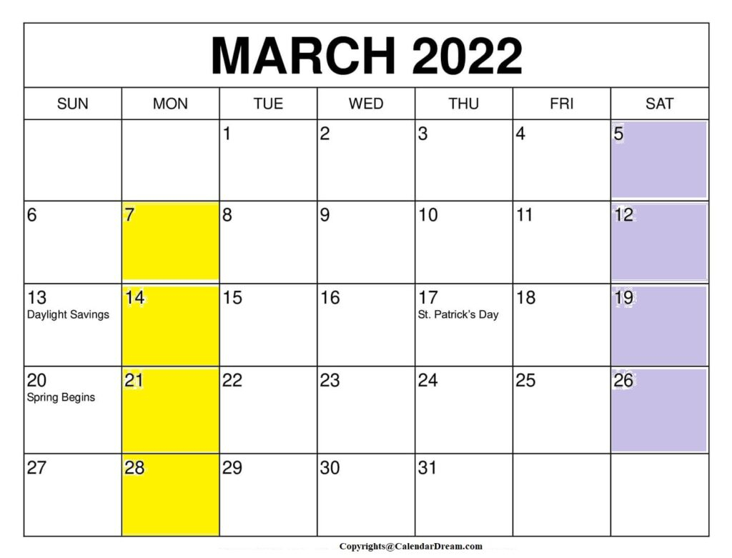 Printable March 2022 Calendar With Holidays In Pdf Word